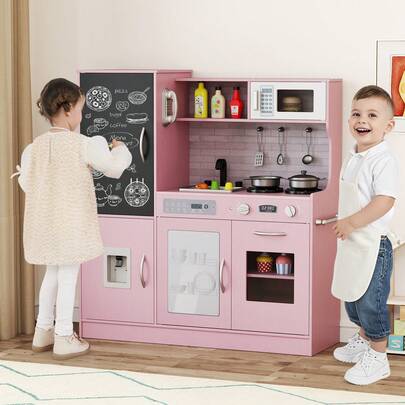 Play Kitchen Toy Set W/ Chalkboard Oven Sink Curtain Microwave Water Dispenser