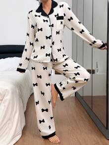 Dreamivo 2pcs Women Pajama Set, Contrast Color Bow Print Long Sleeve Lapel Collar Top And Pants, Ladies Sleepwear Homewear For All Seasons,Valentine's Day - Apricot - View 2