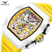 ONOLA品牌男士石英计时腕表，圆形表盘，运动防水腕表，白色硅胶表带，自动日期功能 - 黃色 - 查看 13