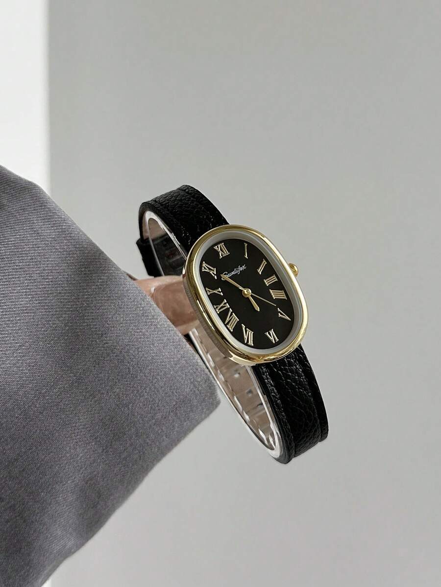 1pc Vintage Style Adjustable Strap Quartz Women's Watch, Oval Dial, Roman Numeral Markers, Compact Design, Suitable For Daily Wear - Black - View 1
