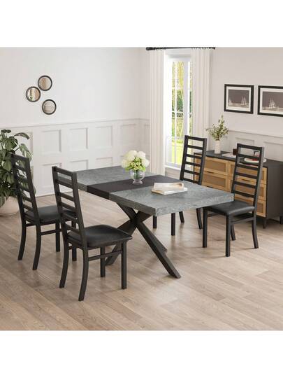 Dining Chairs Set Of 4, Steel Legs PU Leather Seat Kitchen, Living Room, Black, Grijs view 5