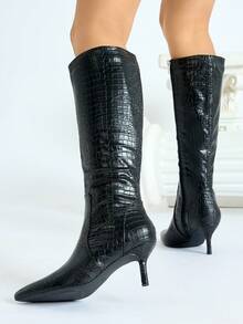 Botas femininas de cano alto, confortáveis e versáteis, em cores sólidas, com salto alto, estilo cowboy, perfeitas para outono/inverno e Halloween. - Preto - Ver 5