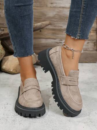 Mocasines de suela gruesa con estilo británico retro para mujer, zapatos casuales tipo slip-on, zapatos de ocio al aire libre para estudiantes