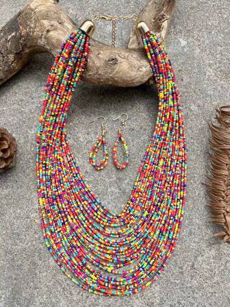 Colorful Layered Beaded Necklace & Drop Earrings