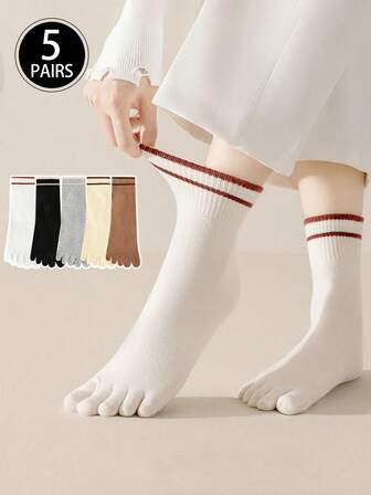 5双（颜色随机）女士条纹吸湿排汗防臭分趾袜，中筒五指袜