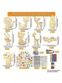 300pcs Animal Woodworking Kit, Animal Theme - Includes 27 Unfinished Animal Woods, 202 Gems, 12 Watercolor Pens And 2 Stickers, 30 Cartoon Eyes, 27 Hemp Ropes, DIY Handmade Kit, All Season Woodworking Material Kit, Suitable For DIY Handmade - Multicolor - View 6