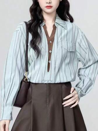 Camisa de manga larga a rayas para mujer, de longitud regular, camisa de poliéster con botones