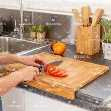 Tabla de Cortar de Bambú con Borde, Tabla de Cocina Rectangular para Cortar, Trocear y Preparar Alimentos, Superficie Resistente y Natural, Ideal para Frutas, Verduras, Carne o Pan - Camel - Ver 1