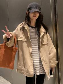 Early Autumn Color Block Letter Print Long Sleeve Casual Commuter Top T-Shirt - Apricot - View 3