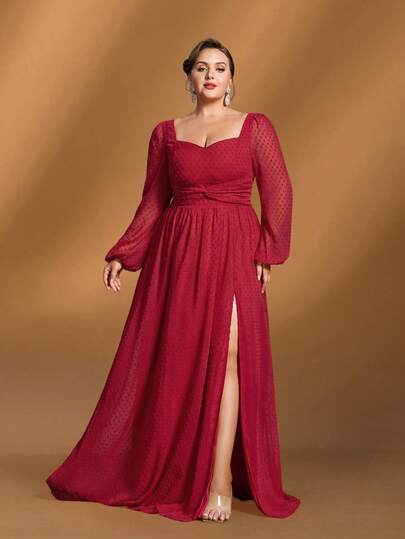 Faeriesty Oszałamiająca, plus-size'owa, elegancka suknia wieczorowa dla matki panny młodej: pochlebny dekolt w kształcie serca, romantyczne rękawy typu lampion, seksowne wysokie rozcięcie i zwiewna spódnica w kształcie litery A - idealna na ceremonie ślubne, wielkie wieczorne gale, ekskluzywne przyjęcia, ważne uroczystości rodzinne i formalne kolacje.