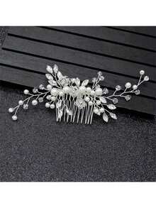 Elegant Handmade Faux Pearl Hair Comb With White Crystals, Perfect Hair Accessory For Party And Wedding Valentine's Day Accessories - Silver - View 1