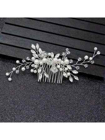 Elegant Handmade Faux Pearl Hair Comb With White Crystals, Perfect Hair Accessory For Party And Wedding