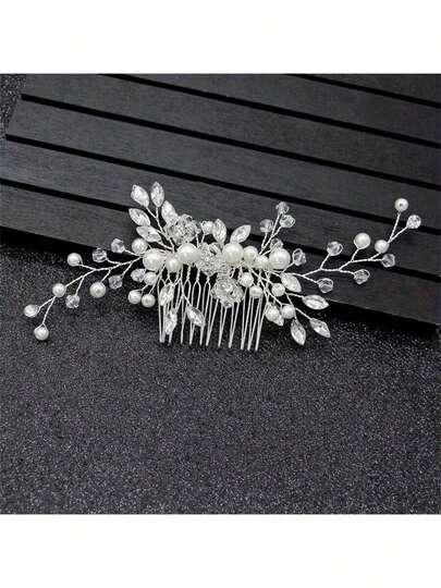 Elegant Handmade Faux Pearl Hair Comb With White Crystals, Perfect Hair Accessory For Party And Wedding Valentine's Day Accessories