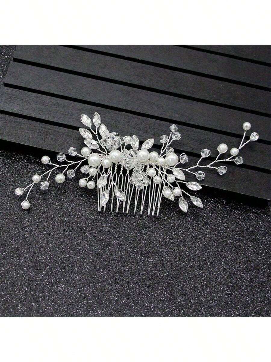Elegant Handmade Faux Pearl Hair Comb With White Crystals, Perfect Hair Accessory For Party And Wedding Valentine's Day Accessories - Silver - View 1
