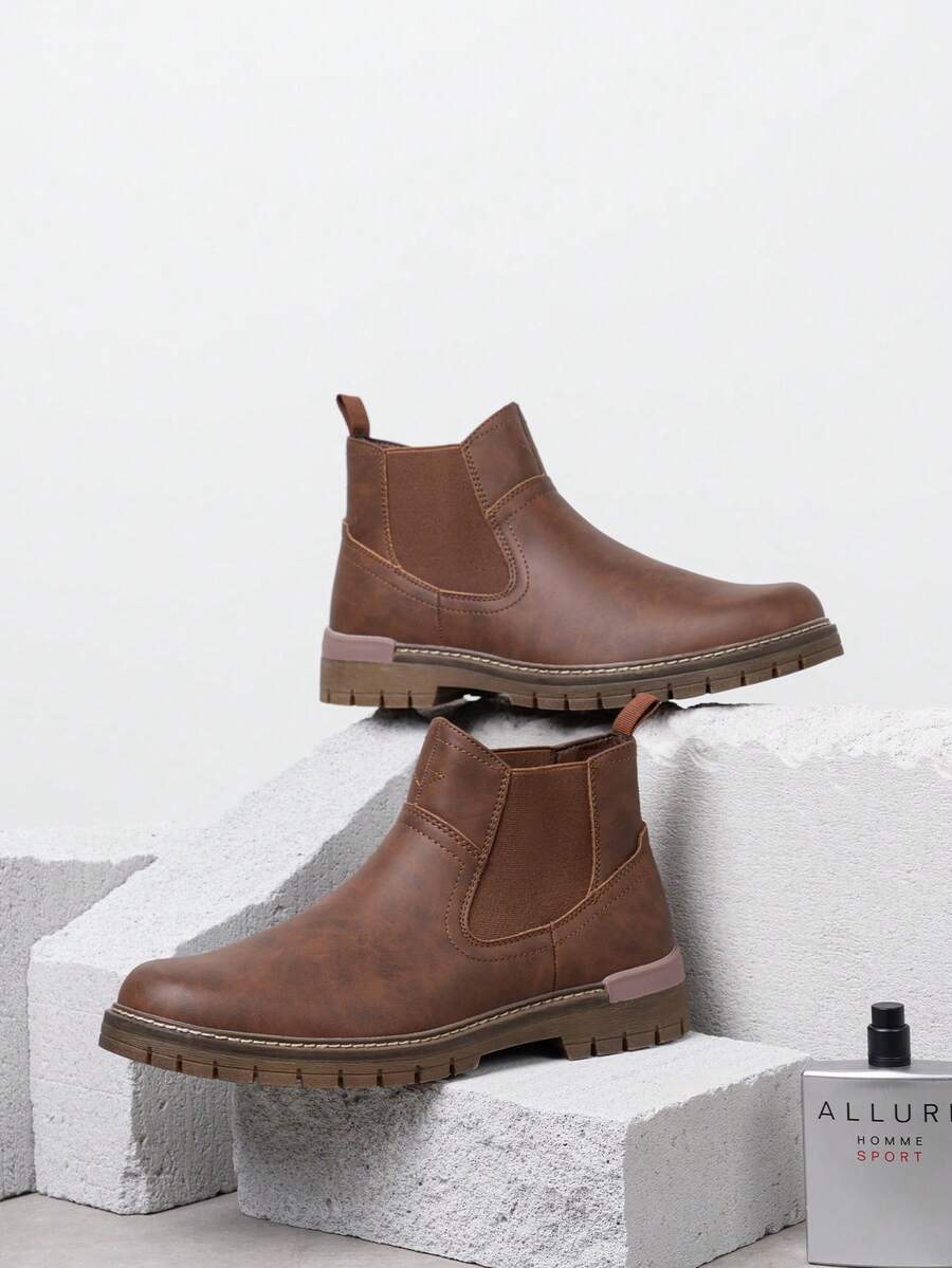 SHOESMALL Men's Retro Fashion Chelsea Boots Casual Slip On Ankle Waterproof Brown Boots For Men - AMY8119A-棕色 - 查看 1