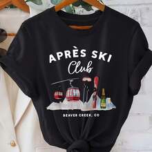 Camiseta con estampado gráfico del club de après-ski para mujeres - Diseño de Beaver Creek CO con elevadores de esquí y tablas de snowboard, camiseta casual de manga corta con cuello redondo para primavera y verano, lavable a máquina, equipo de esquí, ropa de verano, camiseta con tema de aventura, ropa para todas las estaciones - Negro - Ver 6