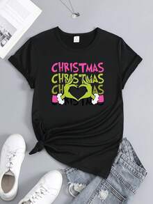 Camiseta de manga corta holgada con cuello redondo y estampado de manos verdes en forma de corazón para mujer, con temática navideña "NAVIDAD", cómoda y agradable para la piel, 100% tela de algodón, adecuada para el hogar, viajes, negocios, escuela, desplazamientos, fiestas y otras ocasiones, adecuada para todas las estaciones. - Negro - Ver 1