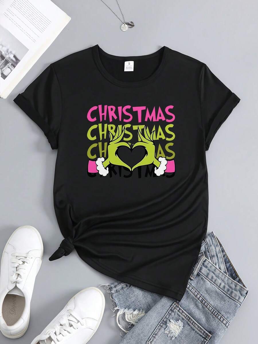 Camiseta de manga corta holgada con cuello redondo y estampado de manos verdes en forma de corazón para mujer, con temática navideña "NAVIDAD", cómoda y agradable para la piel, 100% tela de algodón, adecuada para el hogar, viajes, negocios, escuela, desplazamientos, fiestas y otras ocasiones, adecuada para todas las estaciones. - Negro - Ver 1