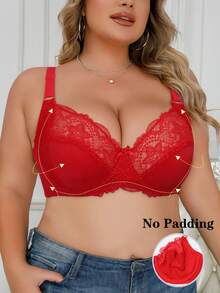 1pc Plus Size Women's Underwire Lace Bra, Sexy Breathable Lift-Up Bra With Wide Straps, Includes Christmas Red
