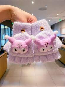 SANRIO 1 Pair Hello Kitty Cartoon Plush Gloves, Autumn/Winter Windproof And Warm Flip-Top, Cartoon Student Outdoor Warm Fuzzy Gloves, Suitable For Autumn/Winter - Multicolor - View 7