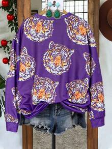 Áo nỉ dài tay không mũ in họa tiết graffiti ngẫu nhiên, phong cách công sở, trang phục Halloween cho nữ, mùa thu đông 2025 - Màu tím - Xem 2