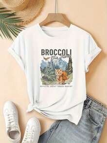 Camiseta gráfica rosa de mujer "Brócoli el Feroz" - Cuello casual de tripulación, manga corta, lavable en máquina, perfecta para primavera y verano, ropa casual | Diseño juguetón | Parte superior lavable en máquina, camisetas para damas - Blanco - Ver 2