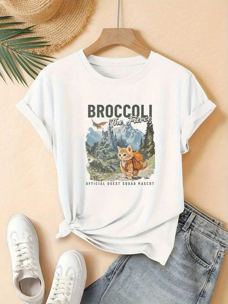 Camiseta gráfica rosa de mujer "Brócoli el Feroz" - Cuello casual de tripulación, manga corta, lavable en máquina, perfecta para primavera y verano, ropa casual | Diseño juguetón | Parte superior lavable en máquina, camisetas para damas