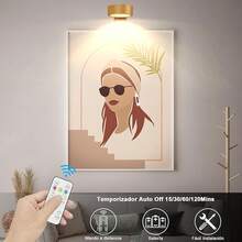 Lampara para Cuadros con Mando, Lampara para Pintar con Pilas, Lampara de Arte Inalámbrica con 3 Colores, Lampara de Retrato para Marcos de Arte, Lampara de Pared Decorativa (Dorado) - Batería-Dorado - Ver 7