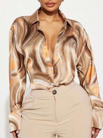 Plus Size Women's Elegant Marble Print Long Sleeve Work Shirt, Autumn/Winter Long Sleeve Blouse