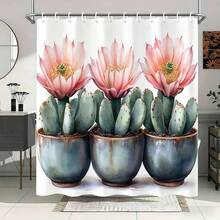 1Pc Cactus Flower Shower Curtain, Three Pink Blooming Cacti In Blue Pots, For Bathroom, Watercolor Botanical Style, Ideal For Cactus Fans & Minimalist Decor, Unique Shower Curtain For Bathrooms - 粉色 - 查看 2