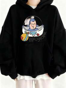 Disney Authorized Oversized Women Hoodie Buzz Lightyear Print Cartoon Character Design Pullover Sweatshirt Comfortable Autumn Winter Hooded Top Essential Casual Wear For Daily Outings And Leisure Activities - 黑色 - 查看 1