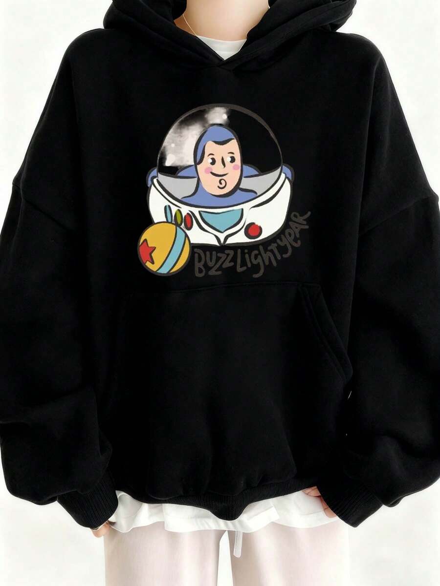 Disney Authorized Oversized Women Hoodie Buzz Lightyear Print Cartoon Character Design Pullover Sweatshirt Comfortable Autumn Winter Hooded Top Essential Casual Wear For Daily Outings And Leisure Activities - 黑色 - 查看 1