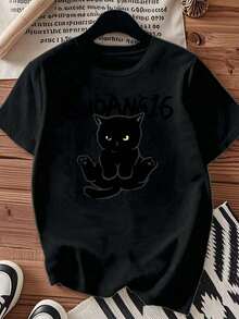 One piece shirts summer tops cotton clothes women camisas de mujer lindas Camiseta 180g algodón negro blanca con gato negro estampadopatrón de gato con letras abstractascamiseta algodón de alta calidad estampadacuello redondocorte básico holgado hombres y mujeres transpirable versátil lavable a máquina cómoda talla S~3XL diariacasualsportsimprescindible verano - Negro - Ver 1