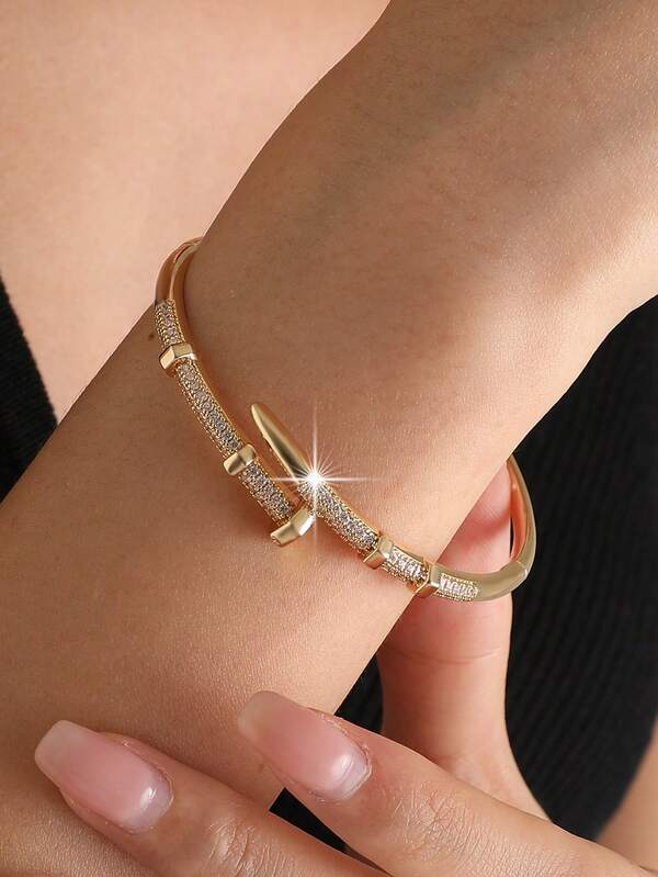 1pc Luxury Funky Nail Shape Couple Bangles Fashion Gold Plated Inlay Cubic Zirconia Bracelet Jewelry For Lover And Family Member Engagement Dating Christmas Gift Bangle