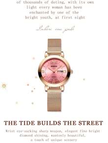 BINBOND 女士石英表 时尚大数字时钟 轻奢不锈钢表带 防水日历 夜光 礼品