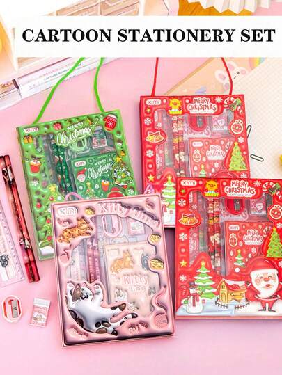 1 Set Of 6 Christmas Series Stationery Gift Box Set, High-Quality Hand-Held Stationery Set With Santa Claus & Reindeer Pattern Holiday Design, Perfect Christmas Gift For Students