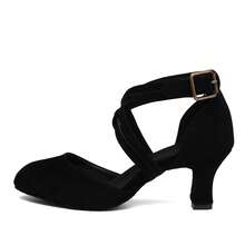 女士专业拉丁舞鞋，中跟标准舞鞋，系带，黑色，室内专业表演舞鞋，交谊舞/莎莎舞鞋 - 黑絨 - 查看 6