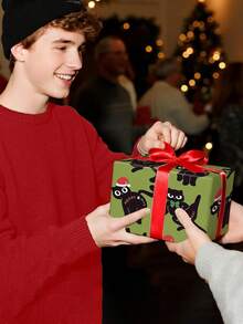 1 cuộn Giấy gói quà Giáng sinh | Nền xanh lá cây có mũ ông già Noel và nơ, họa tiết mèo đen - Thích hợp để gói quà, trang trí ngày lễ, tạo không khí tiệc tùng và sự kiện theo chủ đề - 500cm*43,2cm, Phụ kiện gói quà Giáng sinh, trang trí Giáng sinh, lý tưởng để làm quà tặng ngày lễ - Nhiều màu - Xem 5