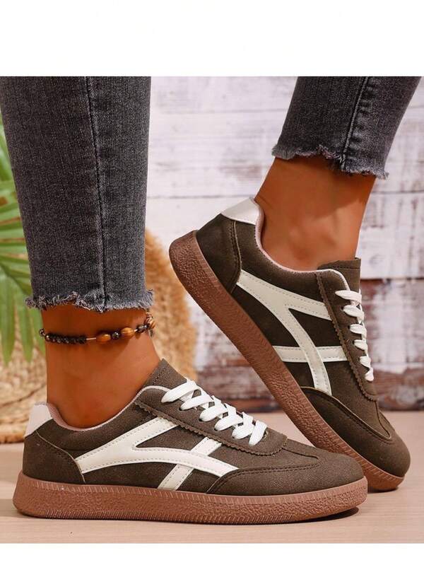 Tênis Casuais e Versáteis para Mulheres, Tênis Esportivos Colorblock de Couro PU com Cadarço, Adequados para Casa e Todas as Estações