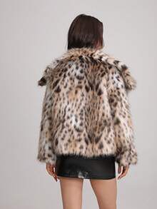 TRAFZA 女士仿皮草优雅外套，休闲奢华纯色大衣，保暖宽松版型女士时尚街头风长袖外套 - 豹紋 D - 查看 5