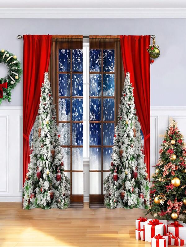 2 Pieces Christmas-Themed Curtains | Fleece Fabric With Digital Printing Design: Vibrant Snowfall & Christmas Scene Outside The Window Installation: Rod Pocket Style Material: Semi-Transparent Polyester Perfect For: Living Room, Kitchen, Bedroom, Hotel, Restaurant