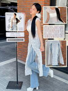 ROSIE POPHUB Women Sleeveless Lace Sheer Cover‑Up Dress, Round Neck Fringe Slit Long Mesh Tunic Top, Y2K Summer Casual Streetwear - White - View 6