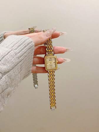 1 件女士方形表盘金色不锈钢表带经典商务石英手表，带水钻，适合日常使用