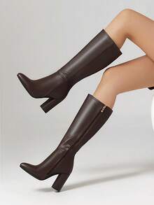 优雅尖头侧拉链粗跟及膝靴，时尚高跟鞋，百搭户外穿着，秋冬 - 棕 - 查看 1