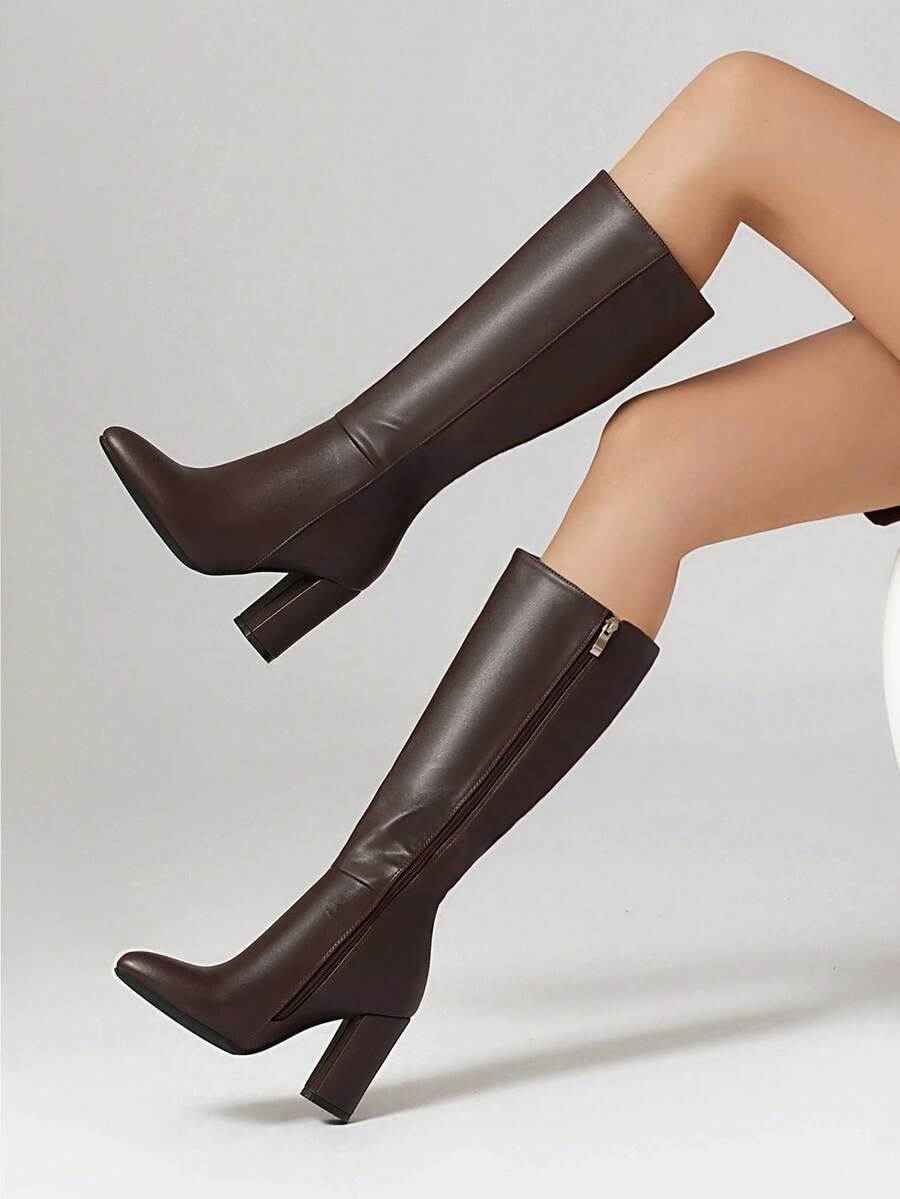 优雅尖头侧拉链粗跟及膝靴，时尚高跟鞋，百搭户外穿着，秋冬 - 棕 - 查看 1