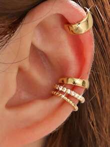 4-Piece Non-Pierced C-Shaped Ear Bone Clips - Suitable For Female Non-Pierced Ear Holes, Adjustable Clip-Type Cartilage Earrings SAOV - Gold - View 5