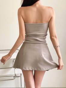 ROSIE POPHUB Ladies' Beige Faux Pocket PseudoTwo Piecese Vacation Dress - Sexy Strapless A-Line Skirt For Birthday Outfits - Khaki - View 8