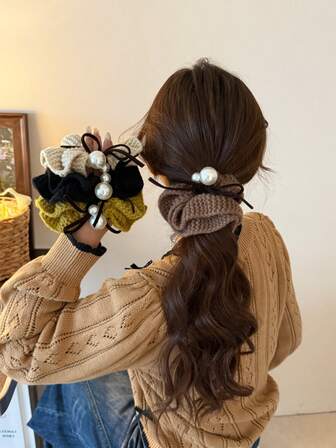 2-25个珍珠蝴蝶结发圈，柔软弹力发绳，发饰，发圈