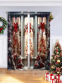 2PCS Christmas-Themed Brushed Fabric Digital Print Curtains, Retro Gorgeous Style Design With Red Bow Snow Pine Forest Window Scene, Rod Pocket Installation, Semi-Transparent Polyester Fiber Material, Suitable For Living Room, Kitchen, Bedroom, Dining Room, Filling Your Home With Festive Atmosphere