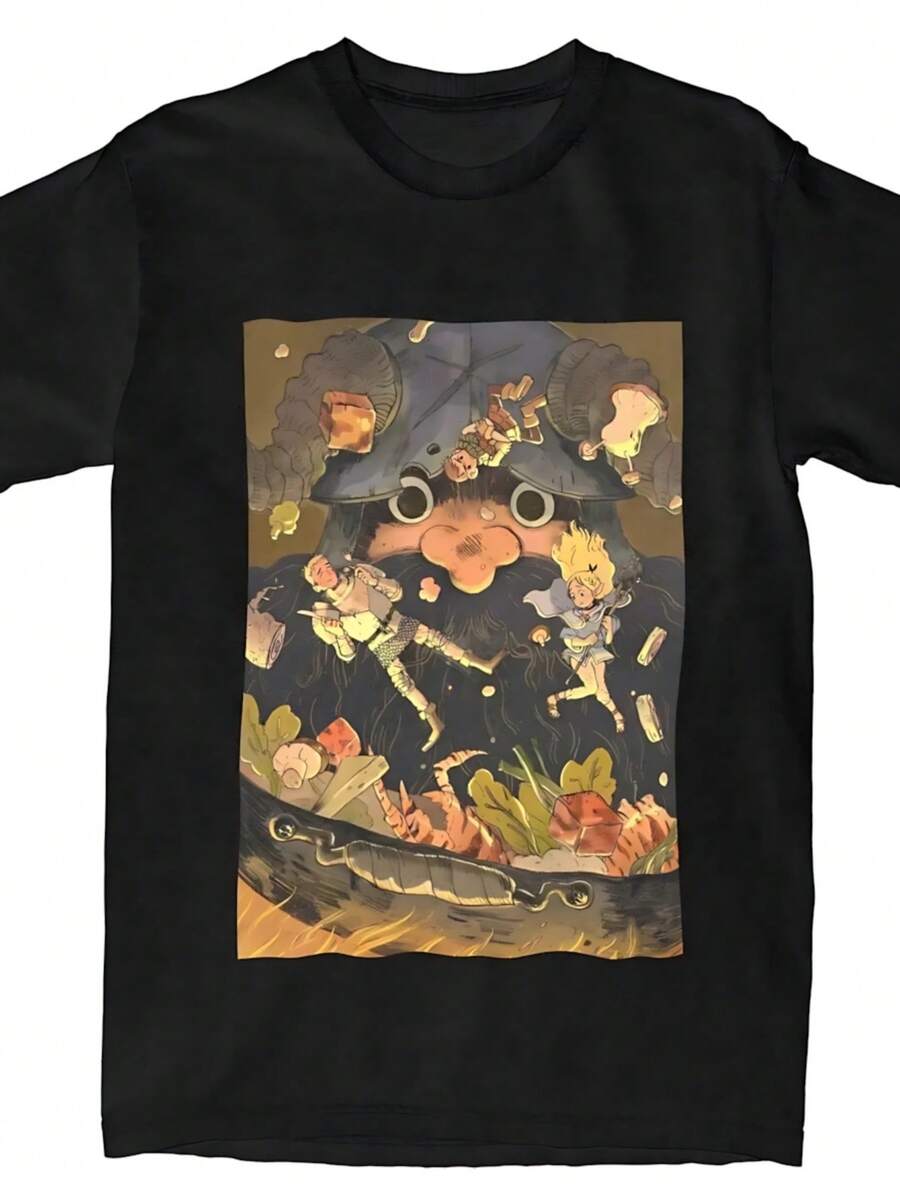 Senshi Anime Dungeon Meshi T-Shirt Summer Delicious In Dungeon T-Shirts 100% Cotton Tee Shirt For Adult Short Sleeve Top Tees - 黑色3 - 查看 1